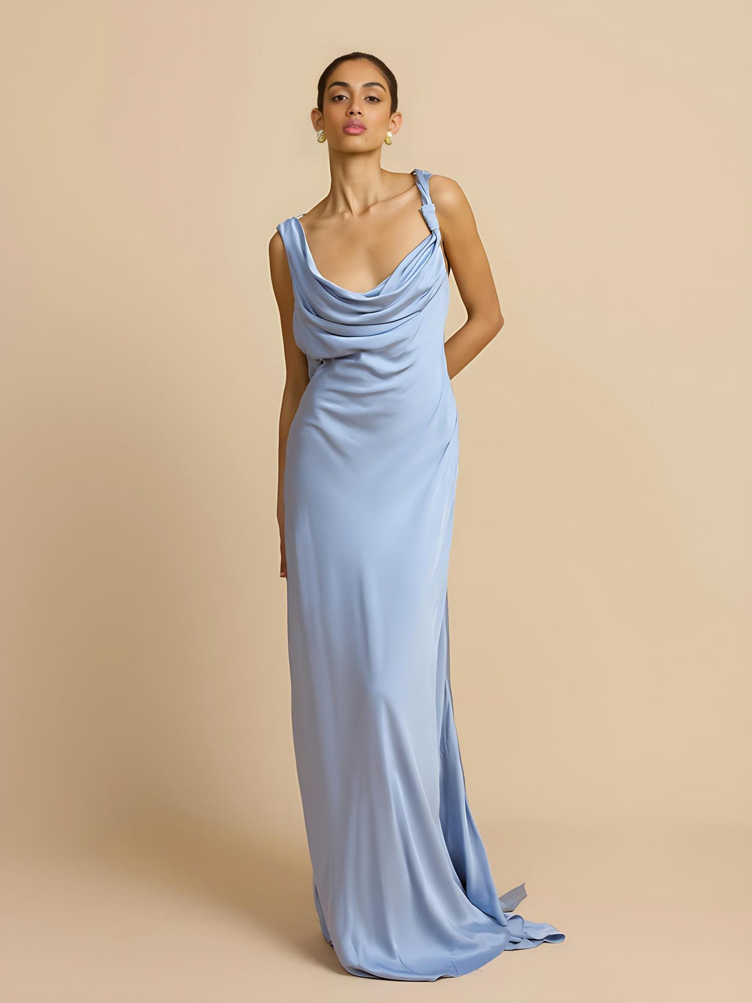 Sky Blue Satin Bias-Cut Backless Gown