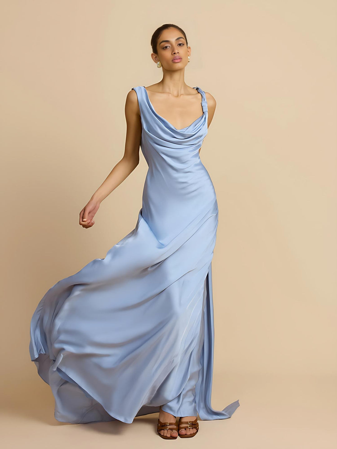 Sky Blue Satin Bias-Cut Backless Gown