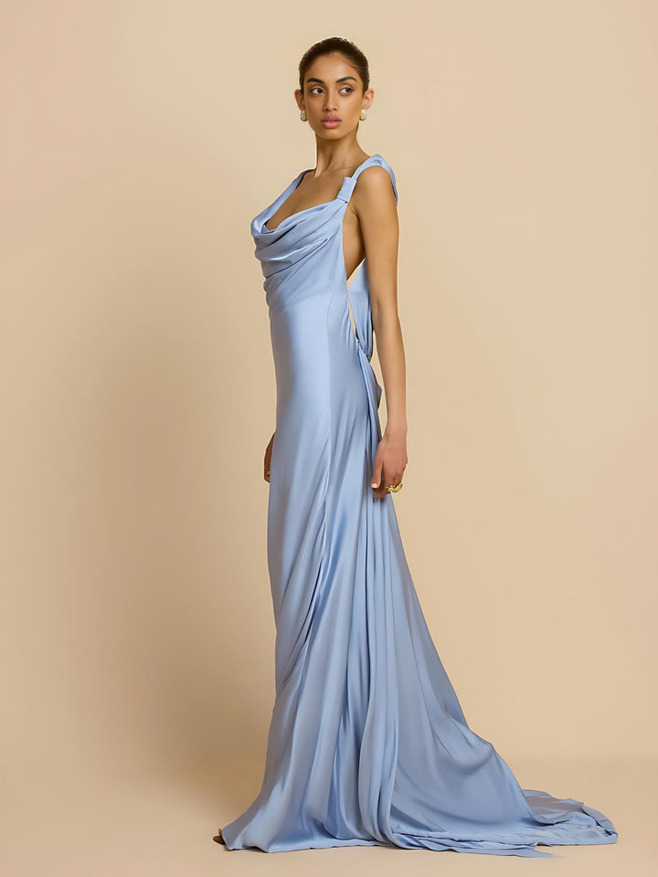 Sky Blue Satin Bias-Cut Backless Gown