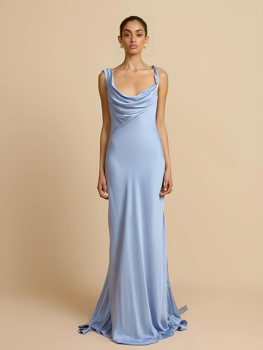 Sky Blue Satin Bias-Cut Backless Gown