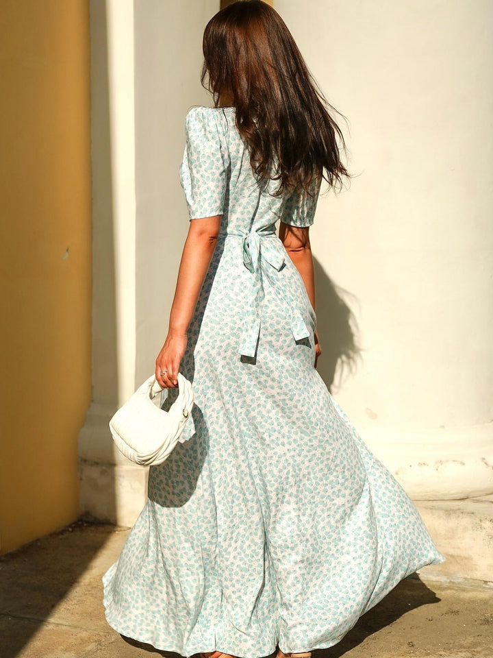 French Floral Fitted Waist Slit Maxi Dress