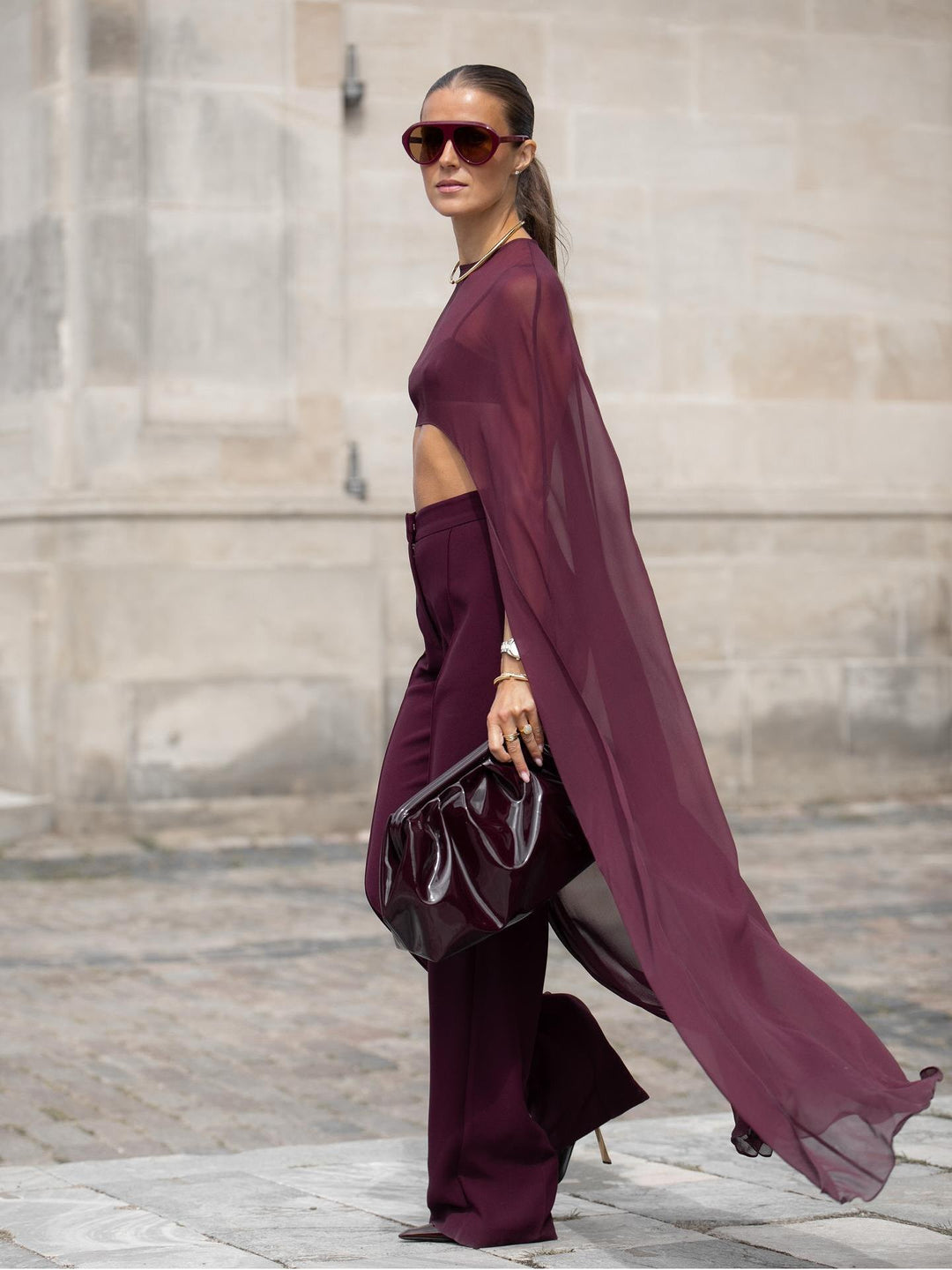Burgundy Sheer Cape Crop Top & Pants Set