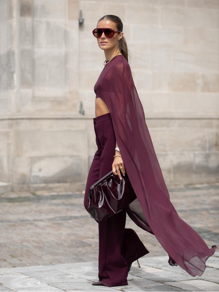Burgundy Sheer Cape Crop Top & Pants Set