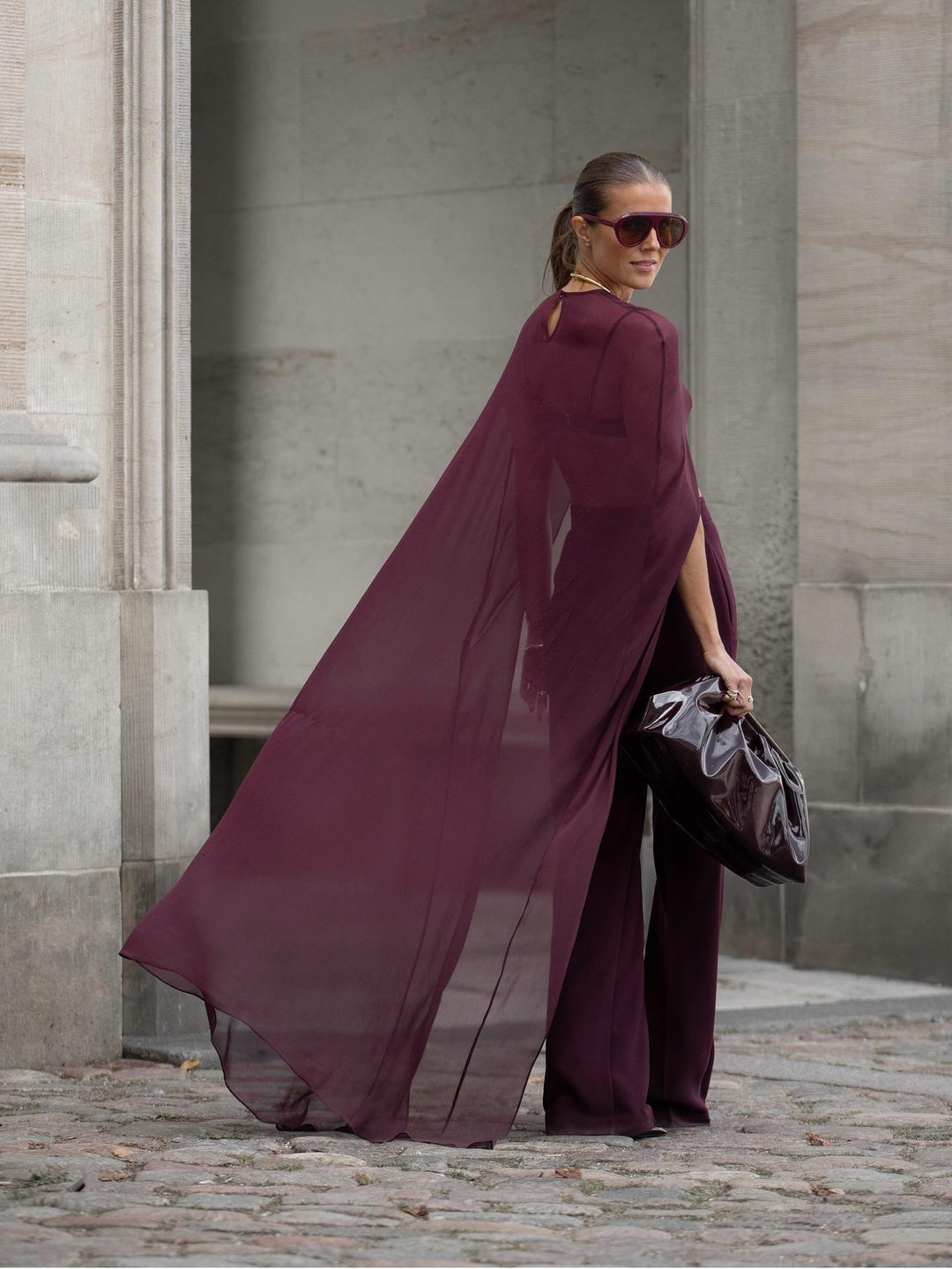 Burgundy Sheer Cape Crop Top & Pants Set