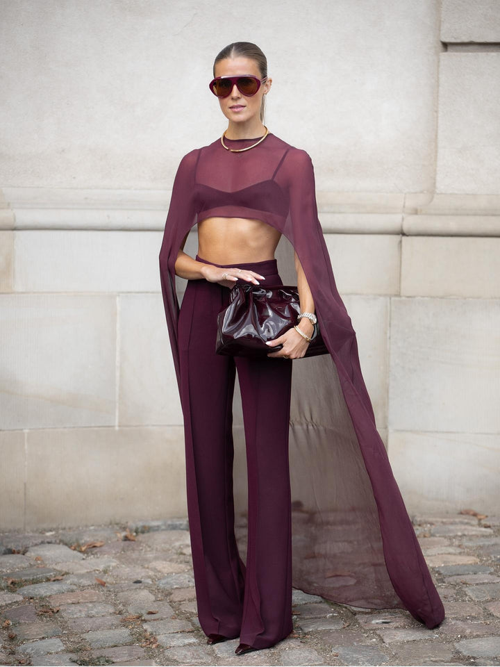 Burgundy Sheer Cape Crop Top & Pants Set