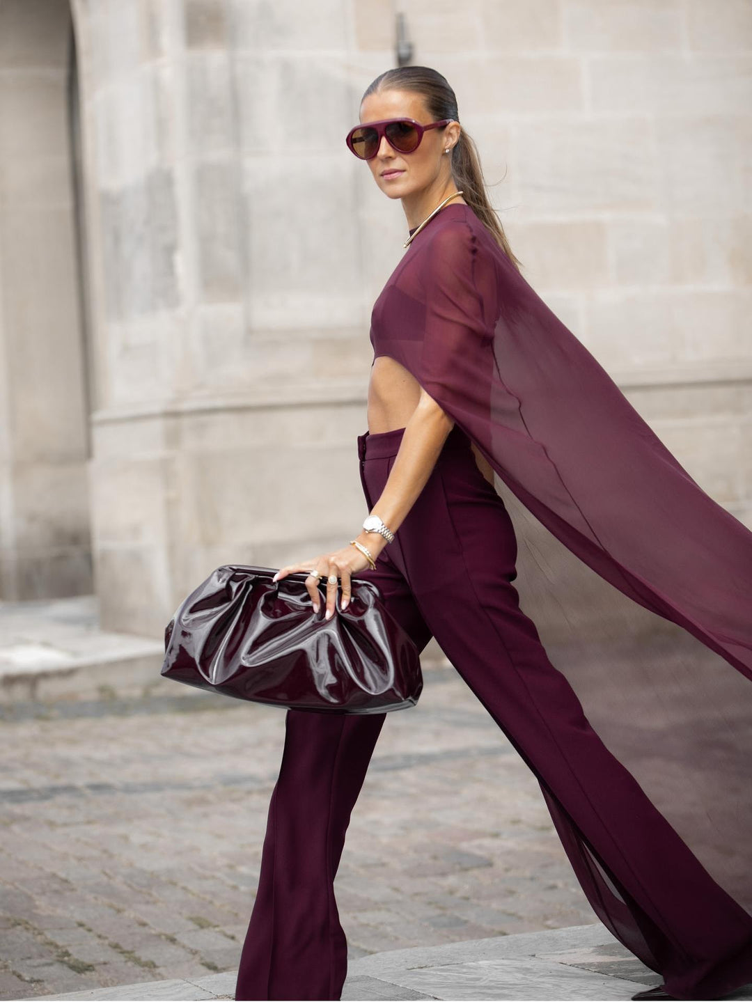 Burgundy Sheer Cape Crop Top & Pants Set