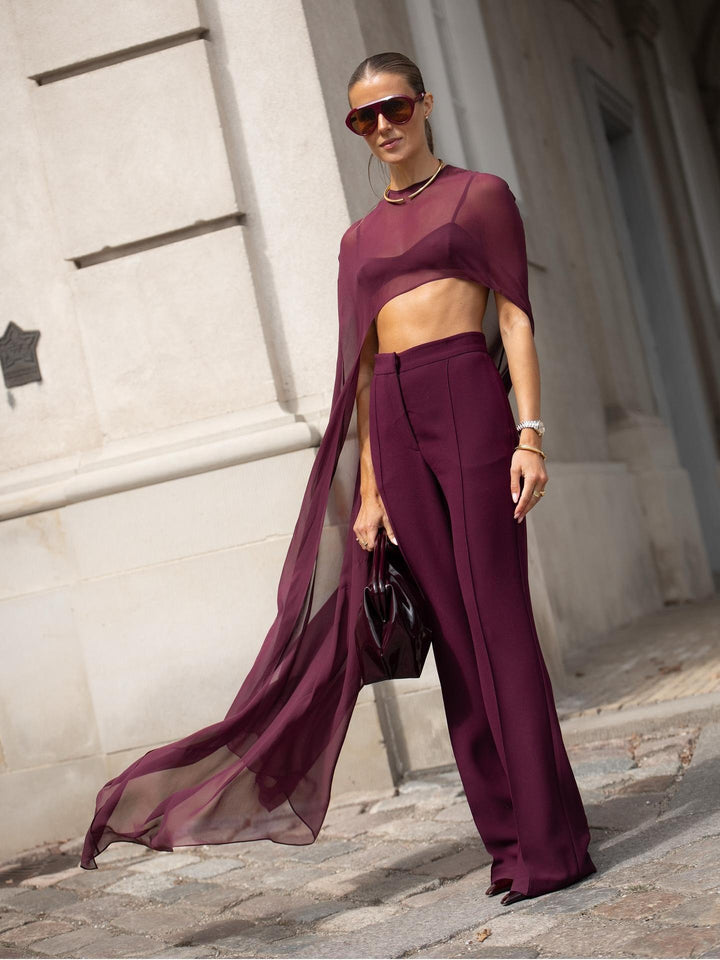 Burgundy Sheer Cape Crop Top & Pants Set