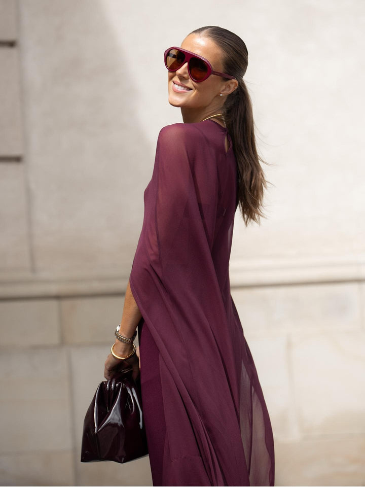 Burgundy Sheer Cape Crop Top & Pants Set