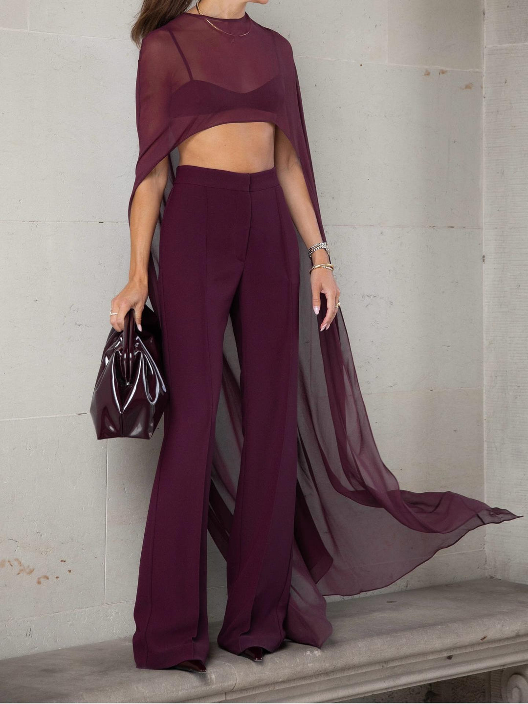 Burgundy Sheer Cape Crop Top & Pants Set