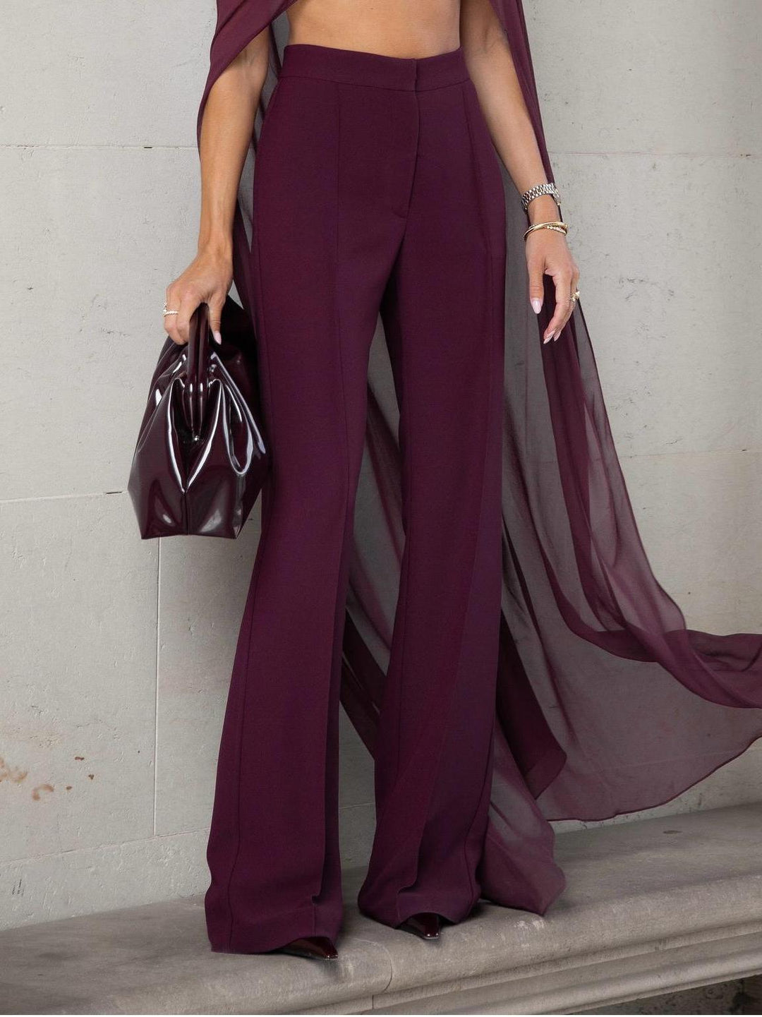 Burgundy Sheer Cape Crop Top & Pants Set