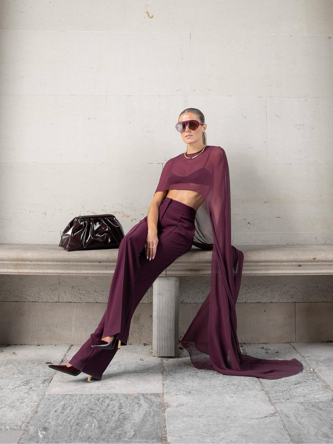 Burgundy Sheer Cape Crop Top & Pants Set