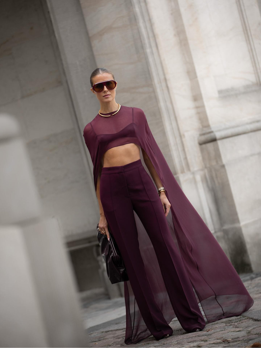 Burgundy Sheer Cape Crop Top & Pants Set