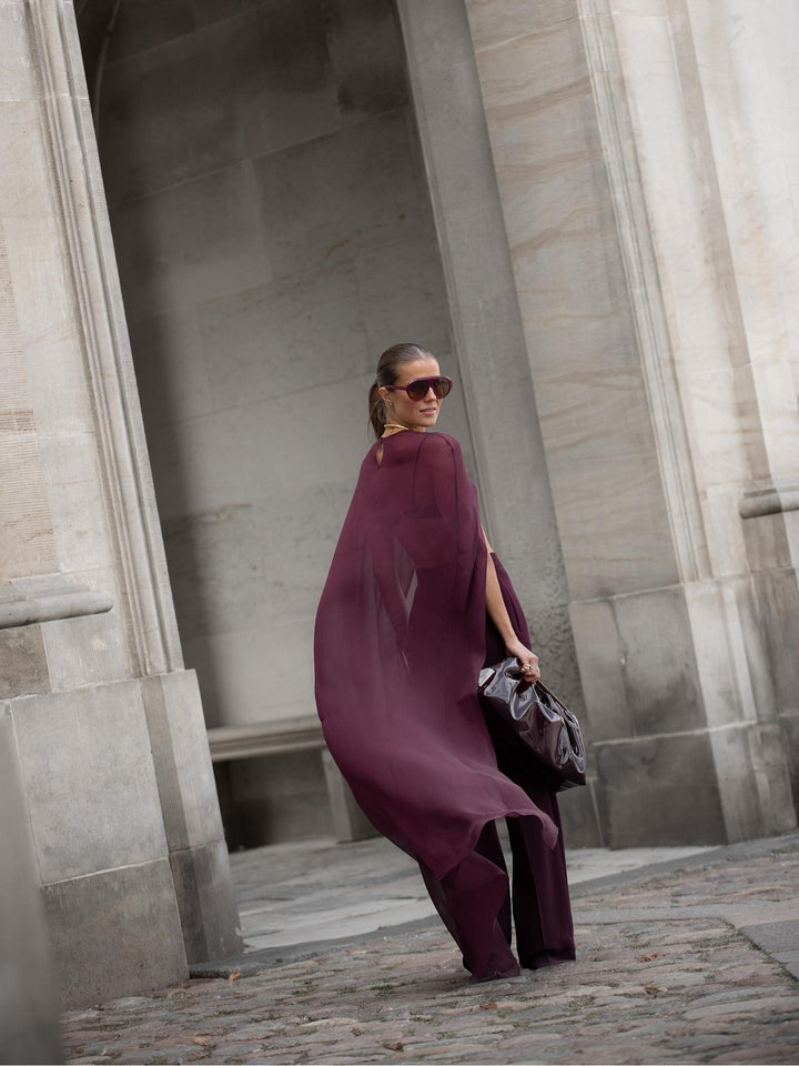 Burgundy Sheer Cape Crop Top & Pants Set