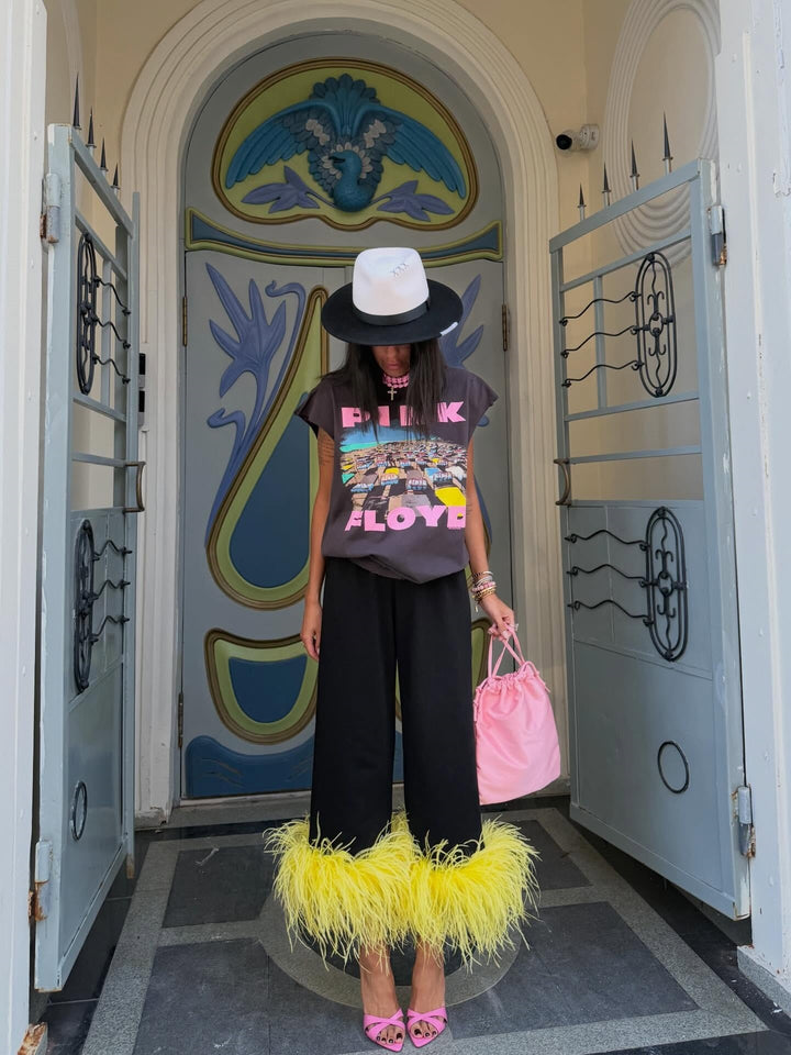Feather Trim Wide-Leg Pants
