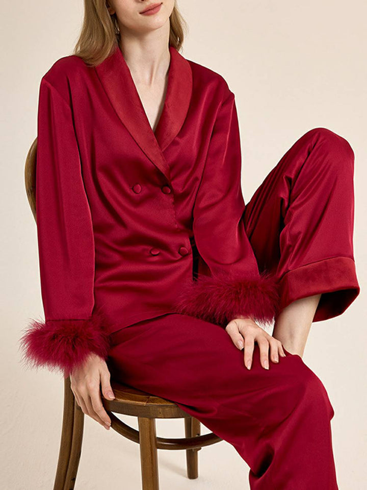 Feather Trim Red Pajamas Set