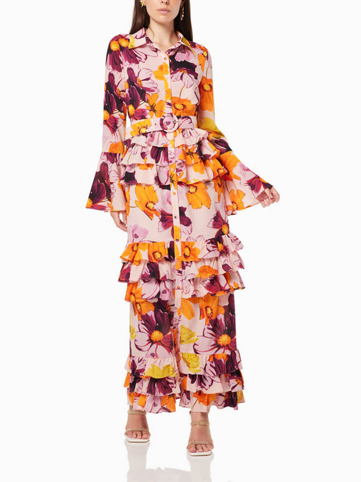 Rochie maxi camasa cu imprimeu floral cu volane