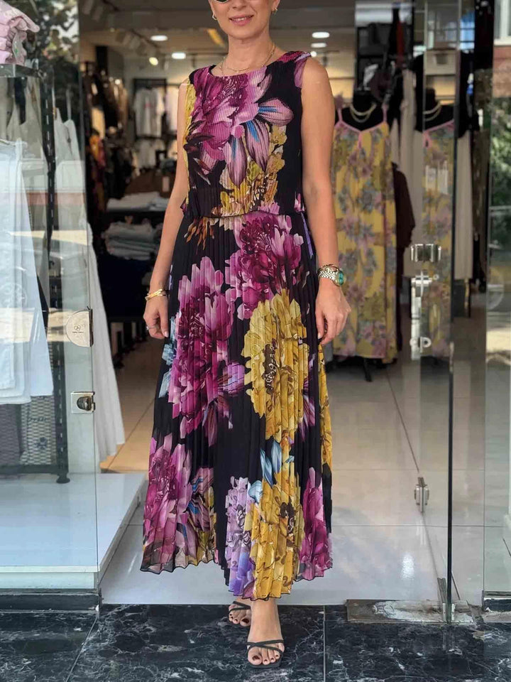 Pleated Chiffon Print Maxi Dress