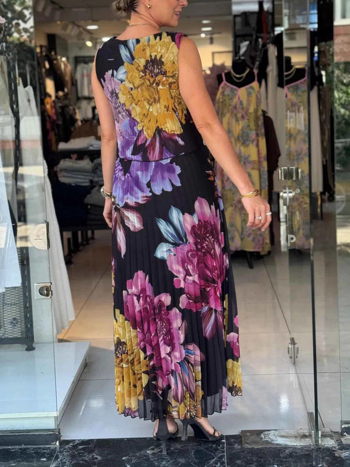 Pleated Chiffon Print Maxi Dress