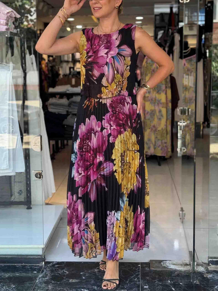 Pleated Chiffon Print Maxi Dress
