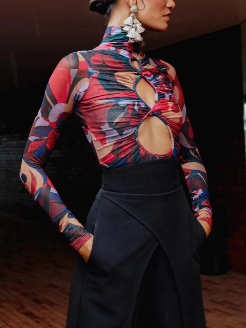 Art Print Mesh Bodysuit High Waisted Wide Leg Pants Set