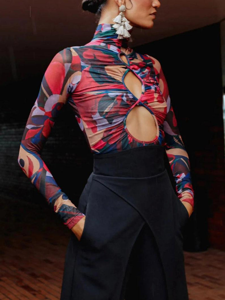 Art Print Mesh Bodysuit High Waisted Wide Leg Pants Set