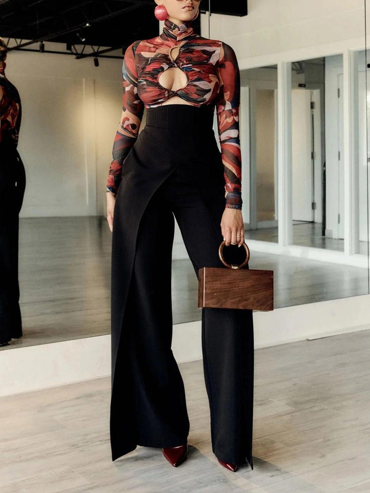 Art Print Mesh Bodysuit High Waisted Wide Leg Pants Set