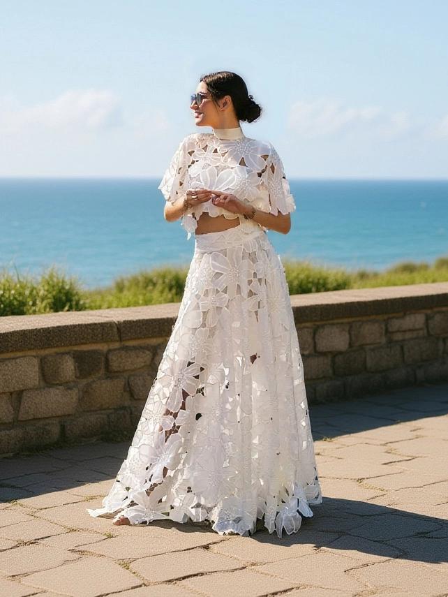 Elegant Hollow Floral Lace Maxi Skirt Set