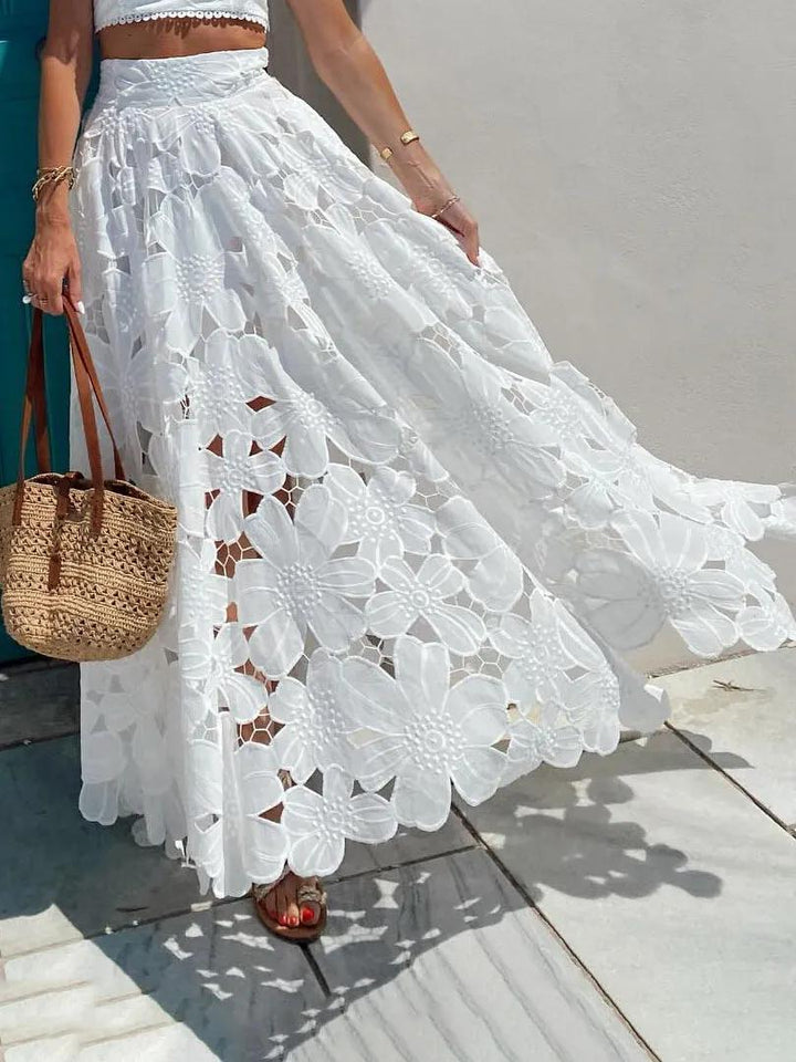 Elegant Hollow Floral Lace Maxi Skirt Set