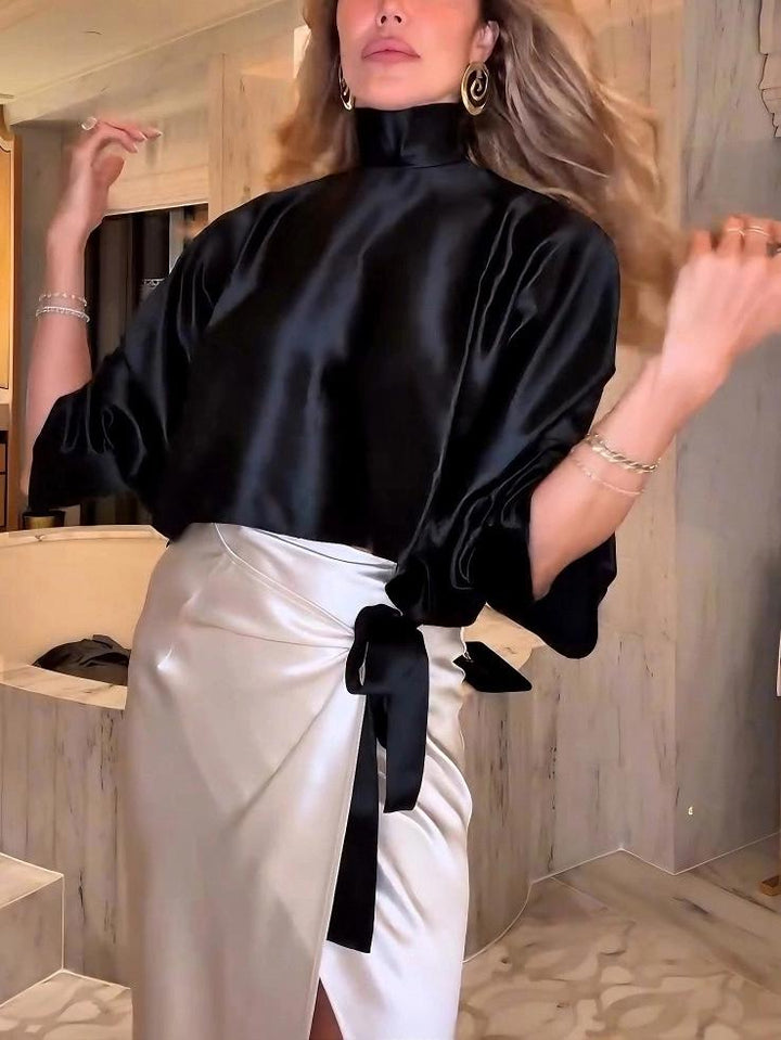Elegant Satin Cropped Tie-slit Skirt Set