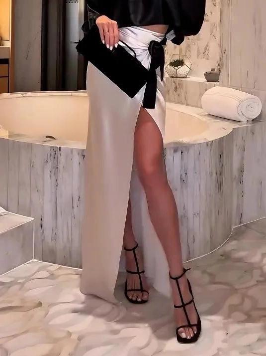 Elegant Satin Cropped Tie-slit Skirt Set