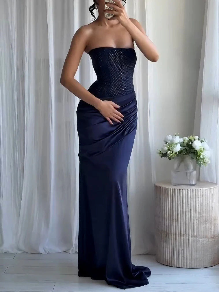 Strapless Rhinestone Pleated Maxi Dress