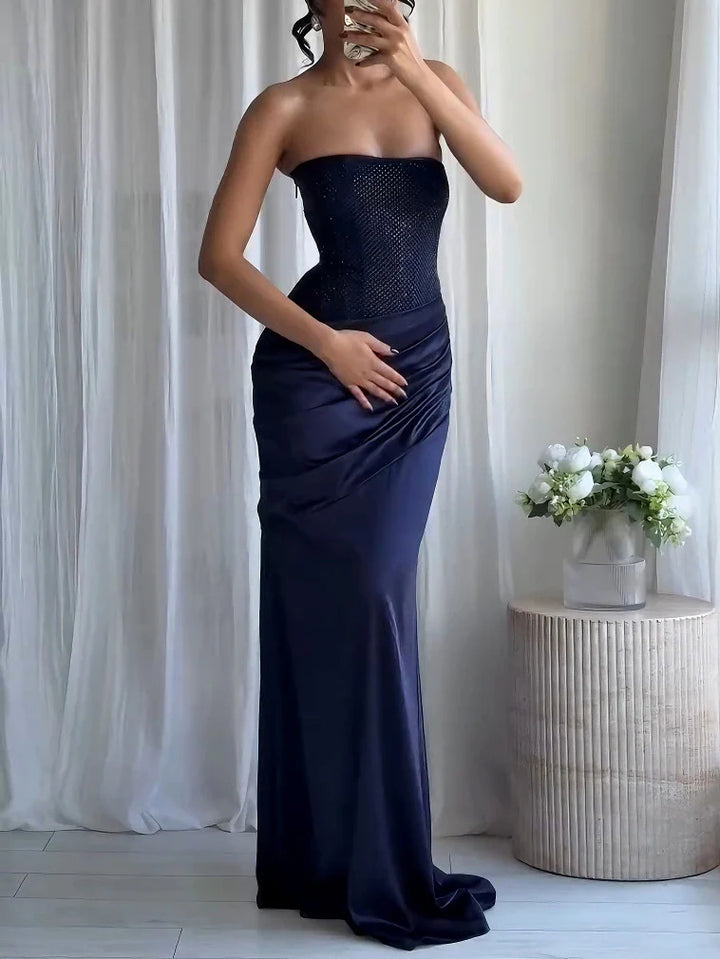 Strapless Rhinestone Pleated Maxi Dress