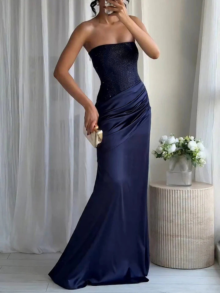 Strapless Rhinestone Pleated Maxi Dress