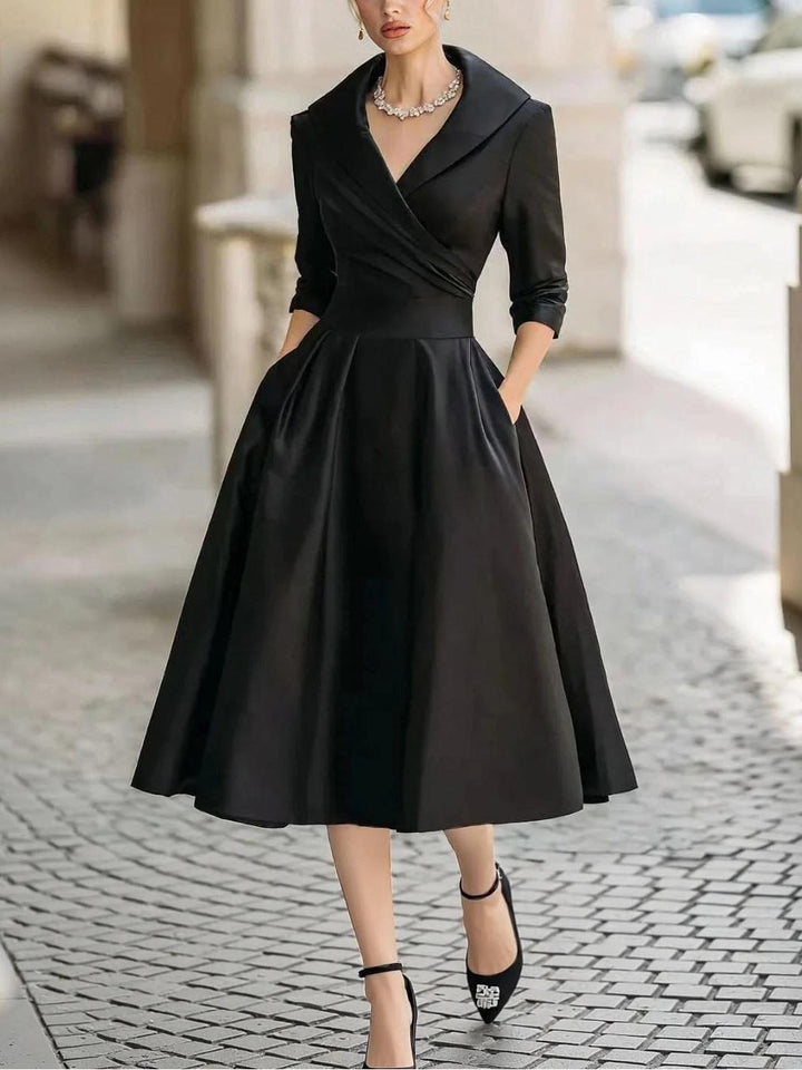 Elegant V-neck Long-sleeved Midi Dress