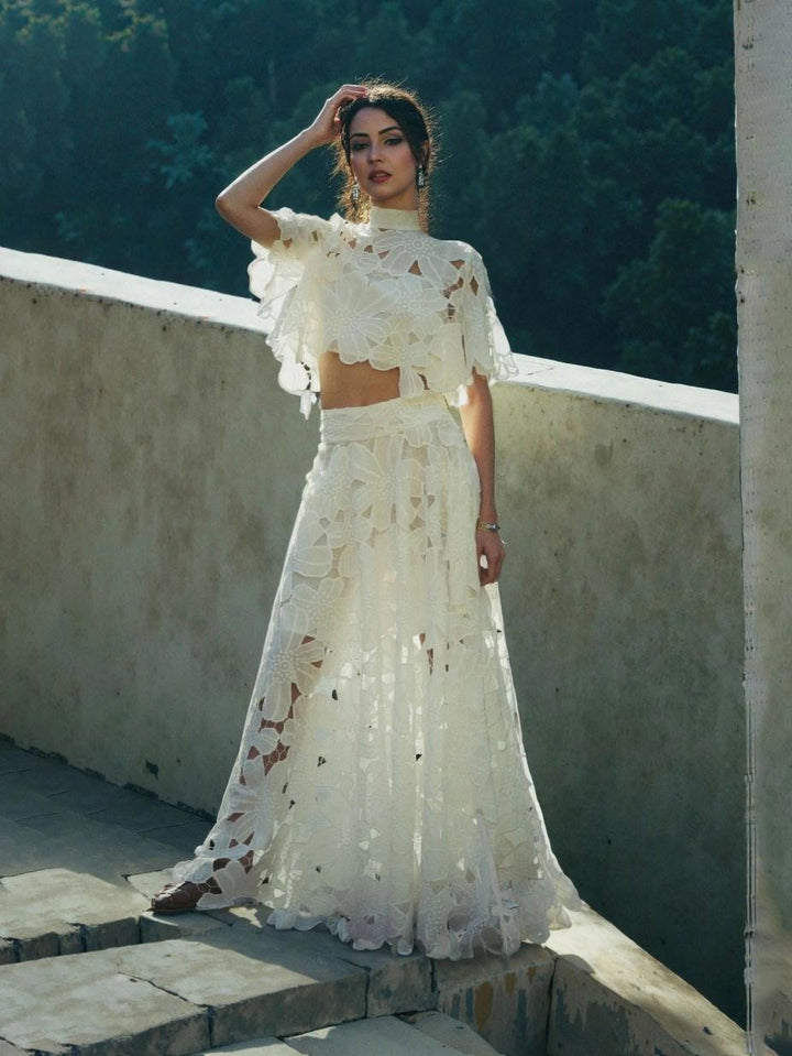 Elegant Hollow Floral Lace Maxi Skirt Set
