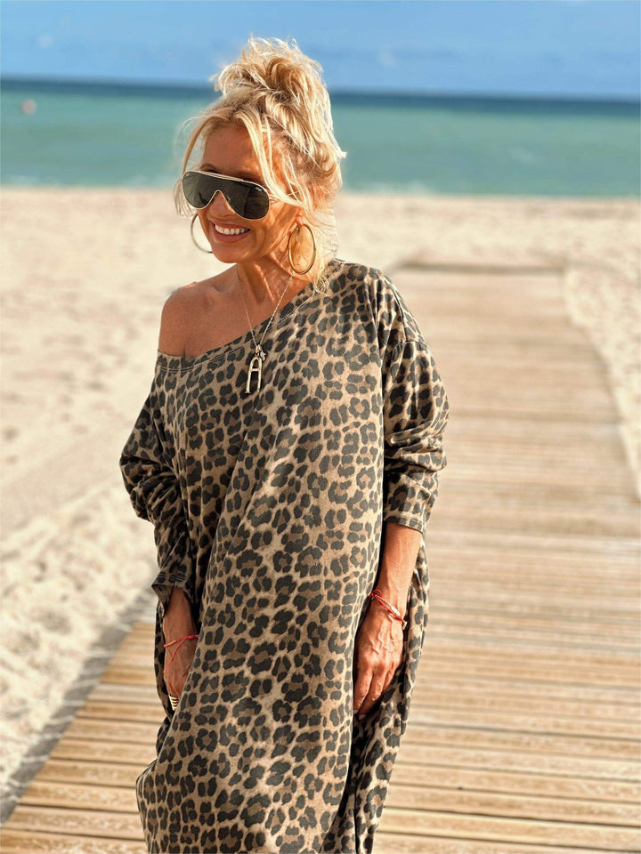 Vestido longo oversize de leopardo camelo com manga comprida