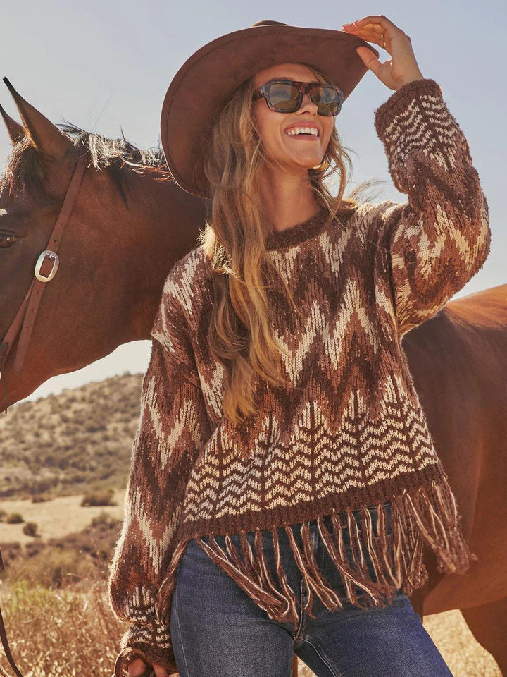 Boho Fringe Hem Aztec Print Sweater