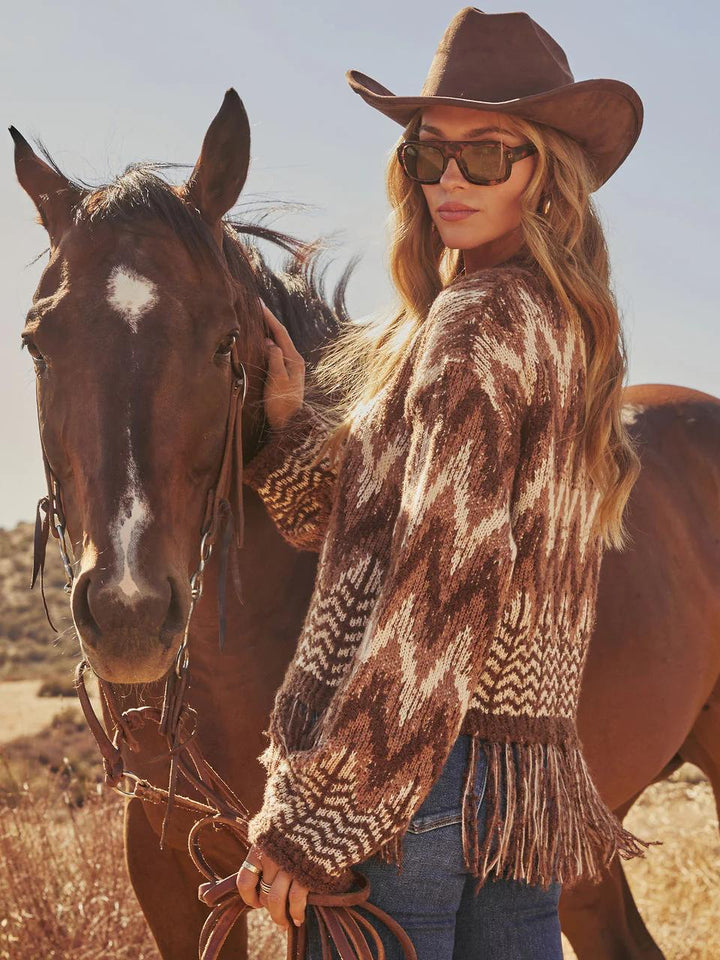 Boho Fringe Hem Aztec Print Sweater