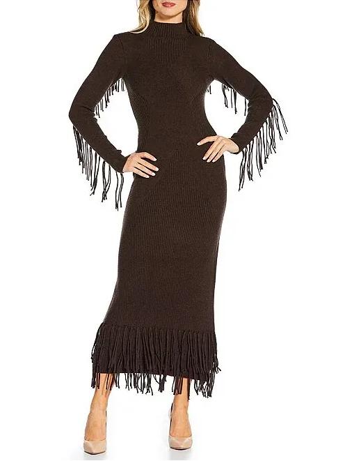 Ribbed Knit Bodycon Fringe Maxi Dress