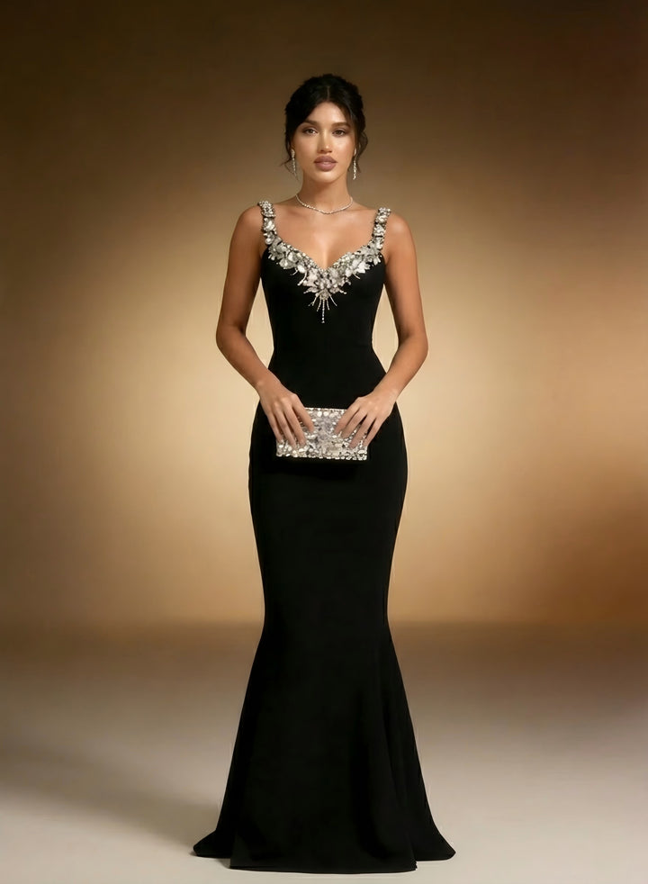 Deep V Embellished Velvet Mermaid Gown