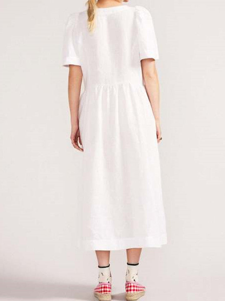 Beyaz V Yaka Keten Düğmeli Cepli Midi Elbise