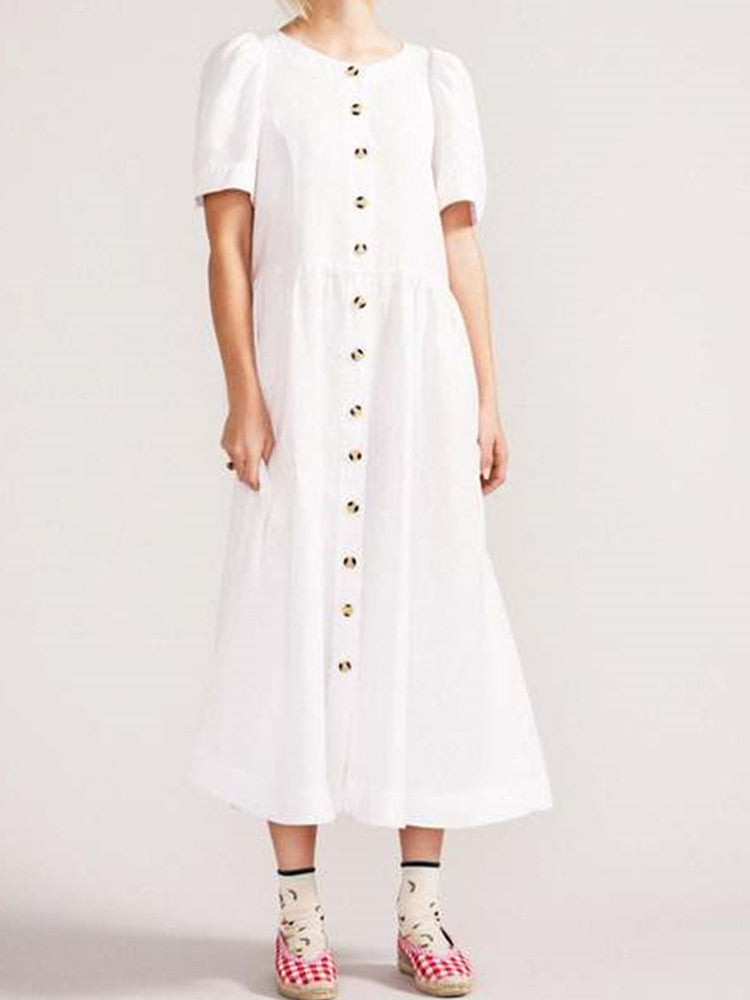 सफेद रंग में पॉकेट के साथ वी नेक लिनन बटन-डाउन मिडी ड्रेस