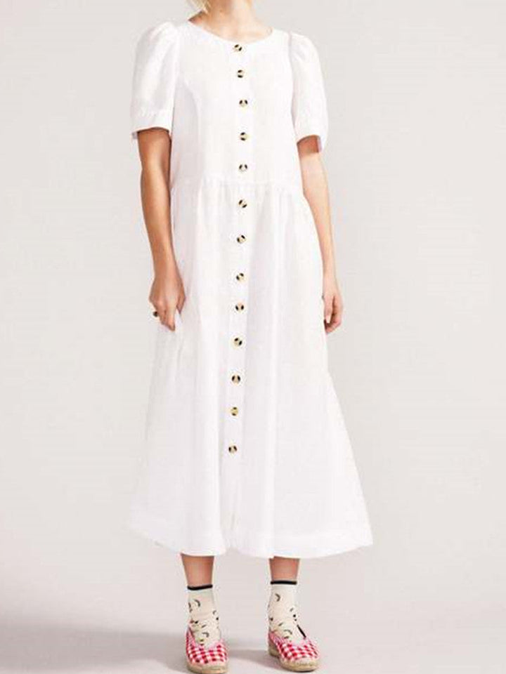 V-ringad linne Button-Down midiklänning med ficka i vit