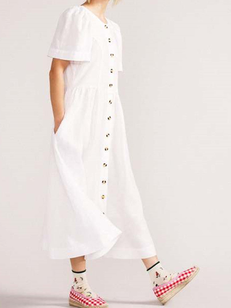 Beyaz V Yaka Keten Düğmeli Cepli Midi Elbise