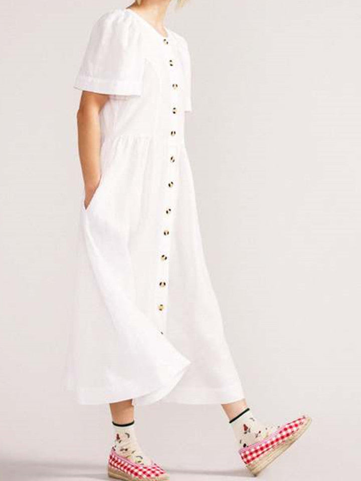 सफेद रंग में पॉकेट के साथ वी नेक लिनन बटन-डाउन मिडी ड्रेस