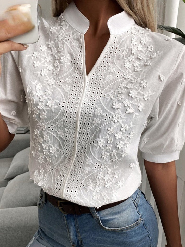 V-Neck Stand Collar Embroidered Lace Shirt