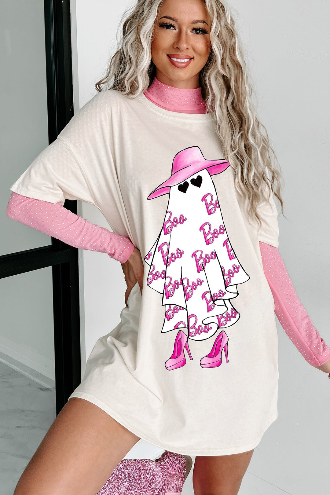 Girly Ghost Oversize Grafikli Tişört Elbise (Vanilya)