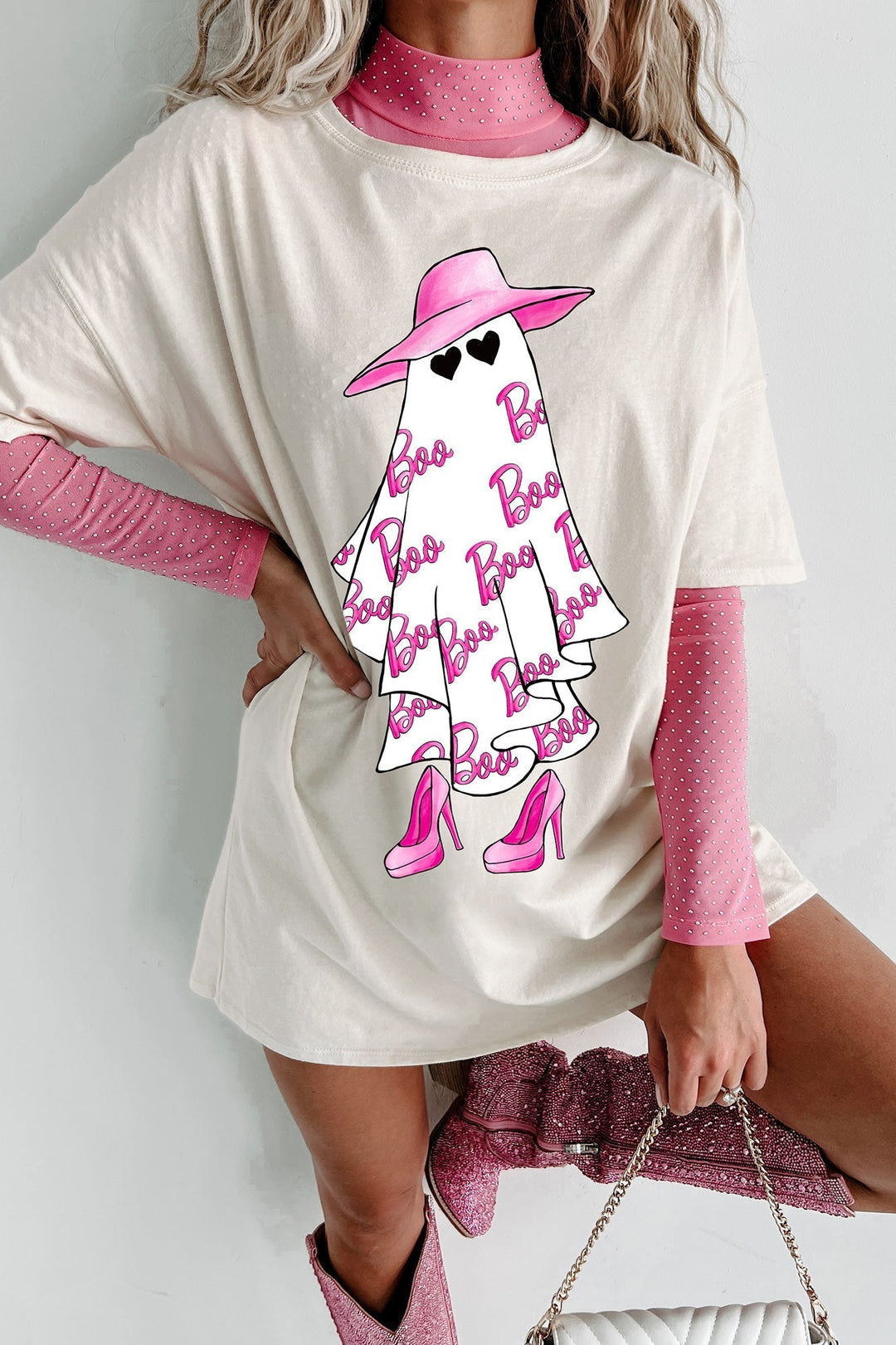 Rochie tricou grafic supradimensionat Girly Ghost (vanilie)