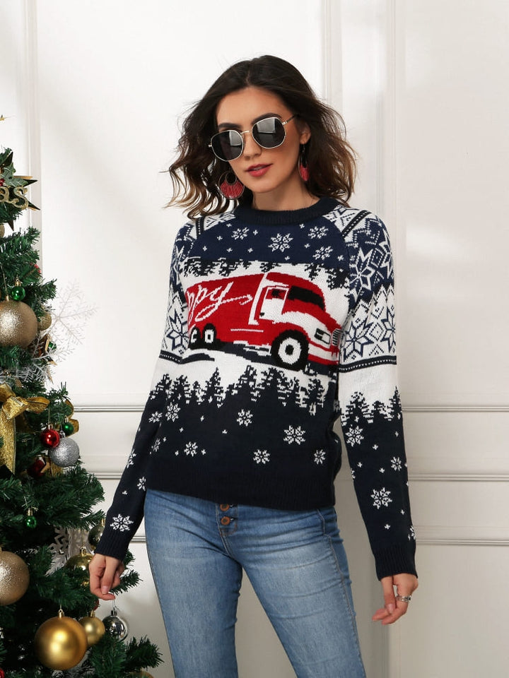 Snowflake and Truck Print Christmas Sweater