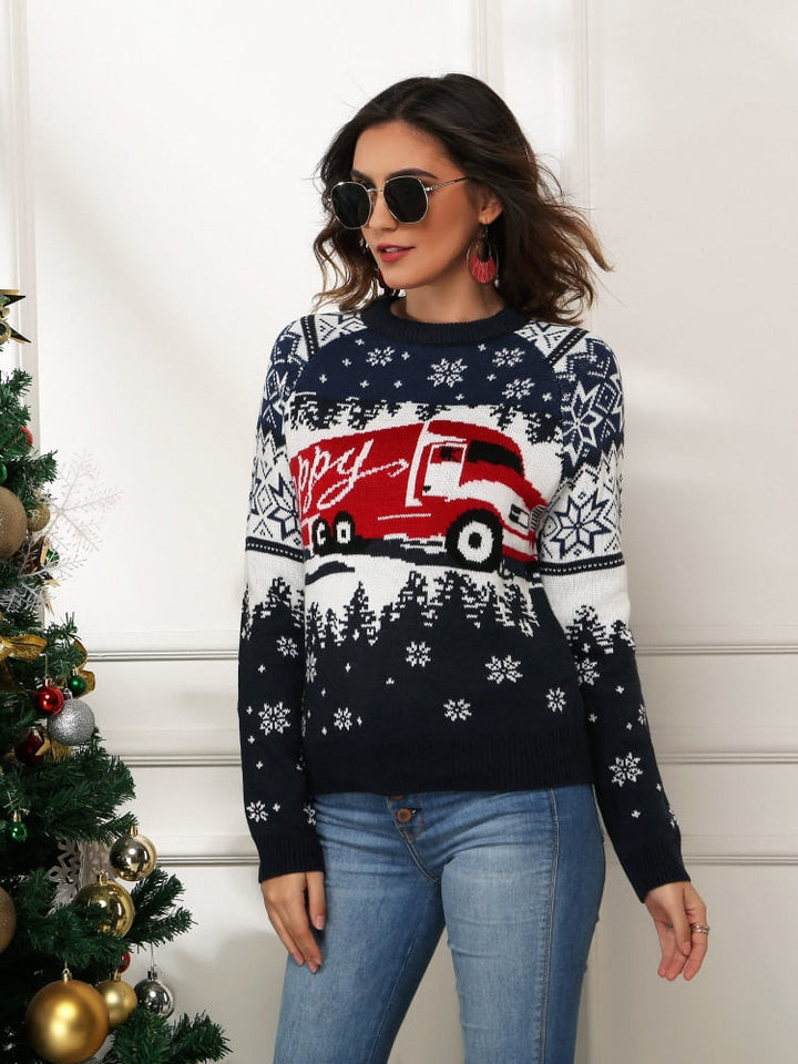 Snowflake and Truck Print Christmas Sweater